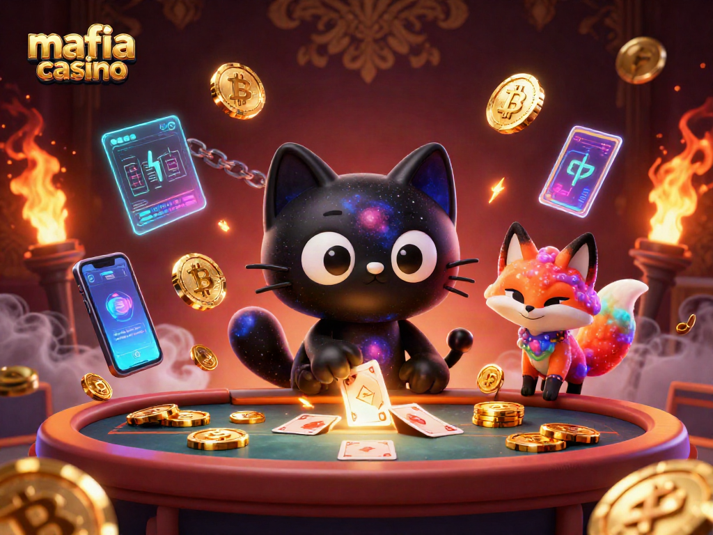 Engage in mafia casino fun with a cosmic theme showcasing a captivating black hole cat and vibrant fox.