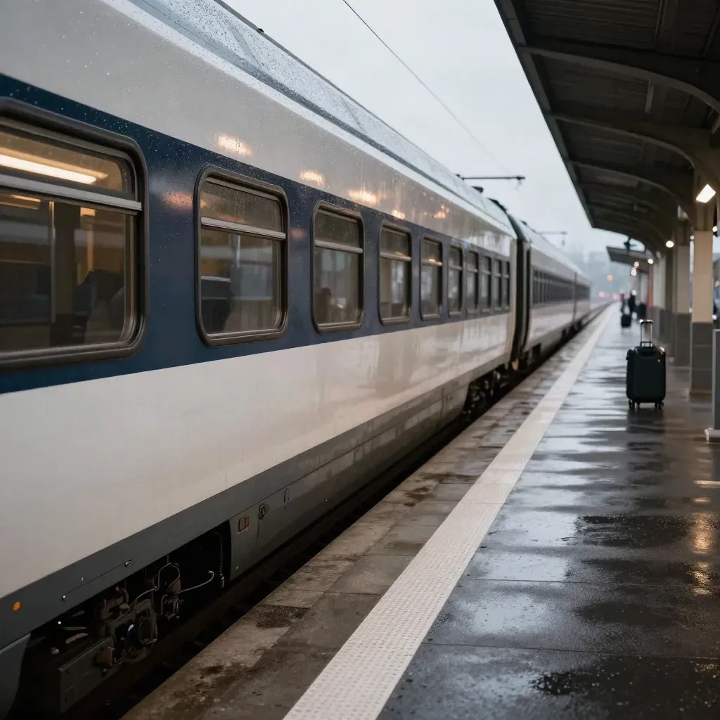 Treno regionale fermo al crepuscolo su banchina bagnata con valigie sfocate in lontananza.