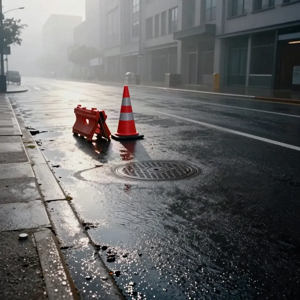 Incrocio urbano bagnato con cono rosso, barriera di cantiere e pozzetto dopo un temporale.