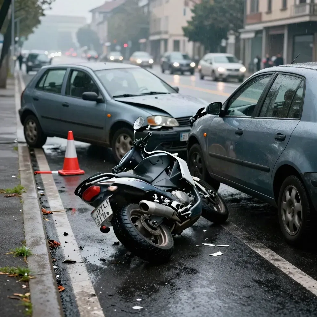 Incidente stradale bagnato: auto e moto ferme, cono rosso, traffico deviato.
