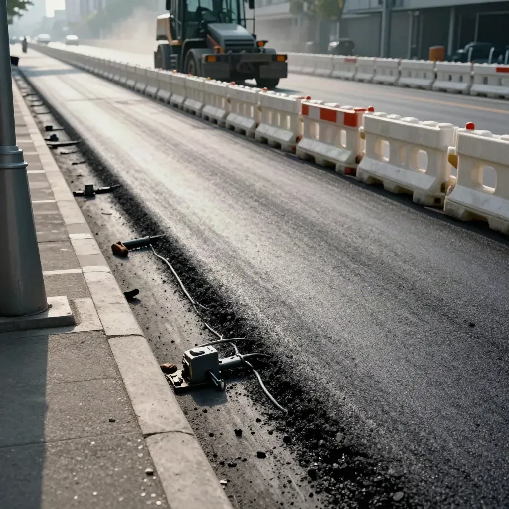 Cantiere stradale con fresatrice, barriere bianche e asfalto caldo sotto il sole di mezzogiorno.