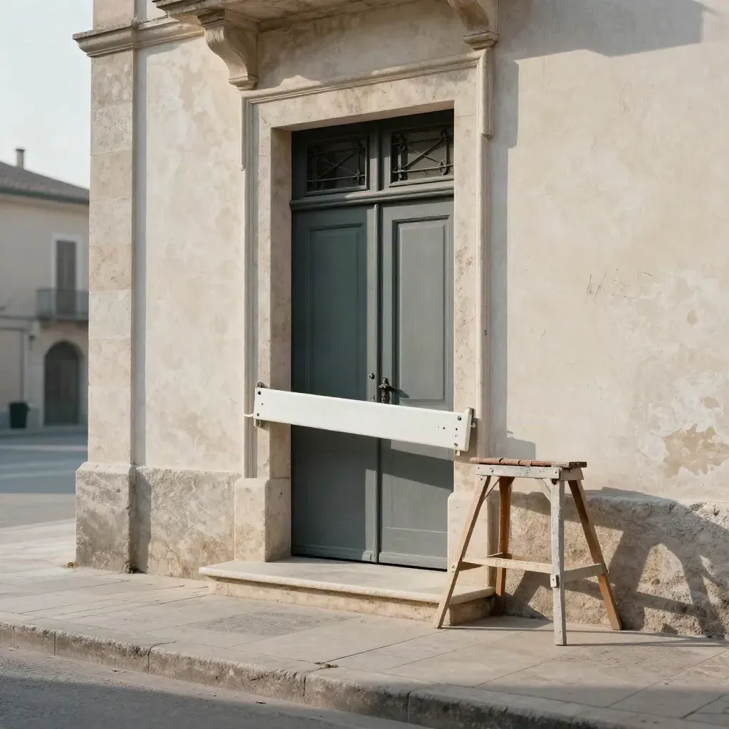 Ingresso di municipio con transenna pieghevole e cavalletto di cantiere in mattina tersa.