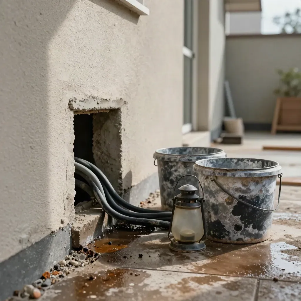 Pozzetto condominiale aperto con cavi protetti, secchi e lanterna spenta in un cortile umido