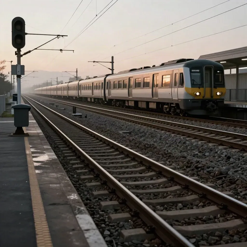 Scambio ferroviario al crepuscolo con treno lontano, catenaria e binari lucidi nella foschia.
