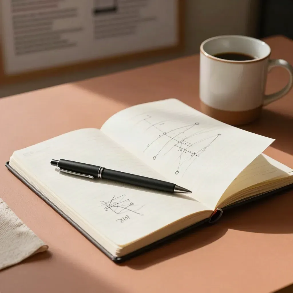 Taccuino aperto con appunti sfocati, penna nera, post-it neutri e tazza opaca su scrivania terracotta.