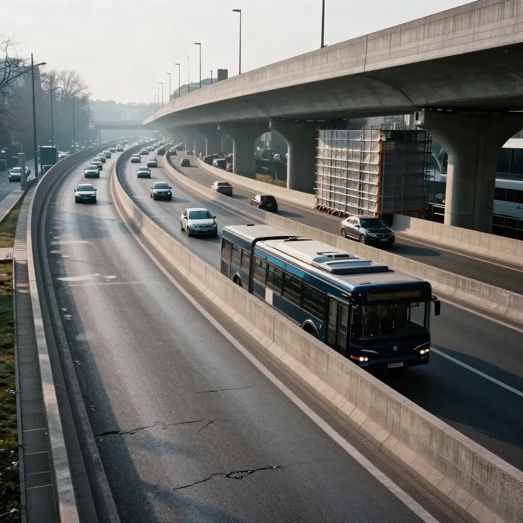 Svincolo milanese con autobus, cantieri e viadotti nella foschia del mattino.