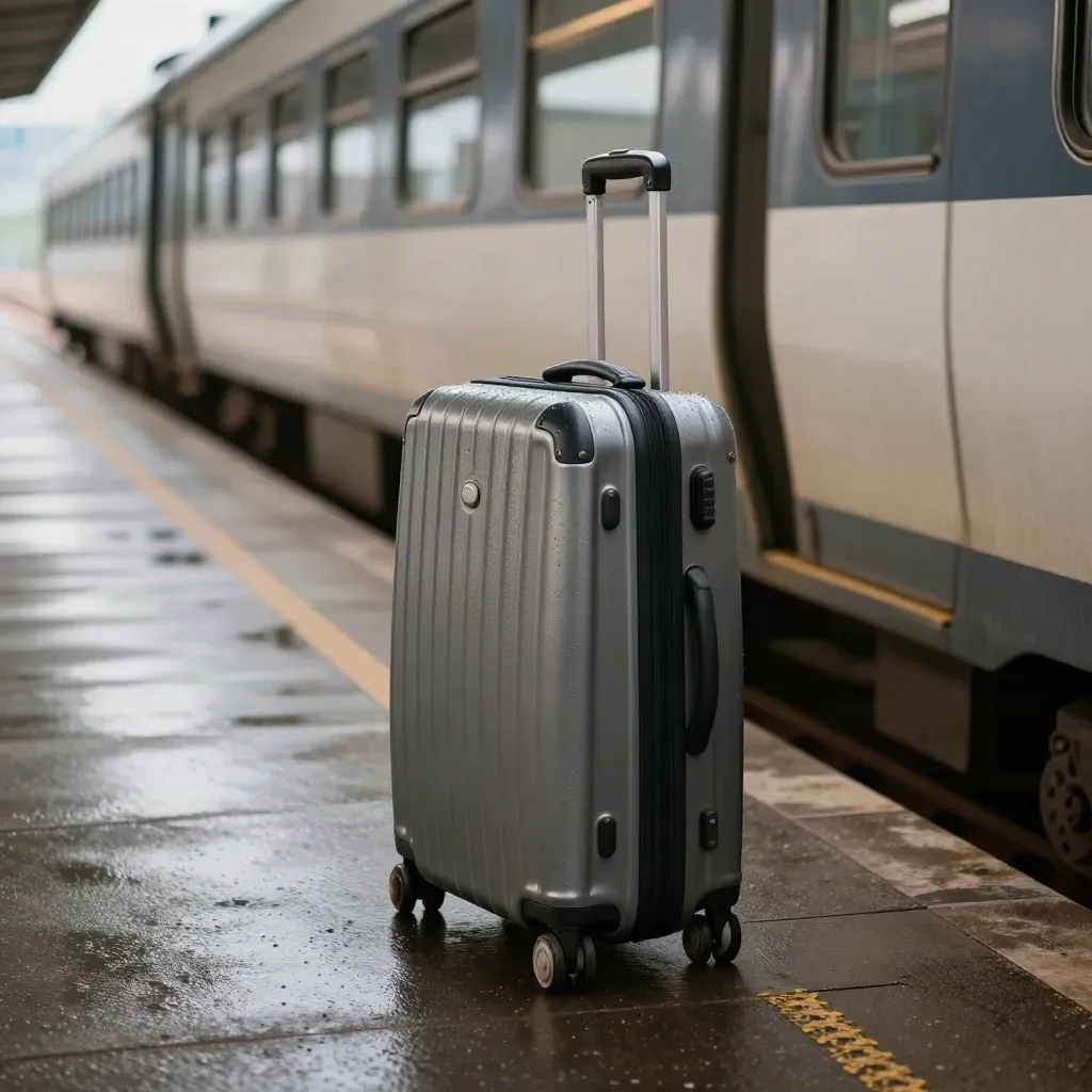Convoglio fermo, valigia chiusa e banchina quasi vuota in attesa della partenza.