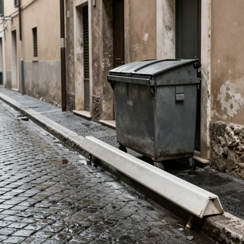 Strada romana bagnata con sampietrini, barriera bassa e cassonetto chiuso tra facciate in ombra.