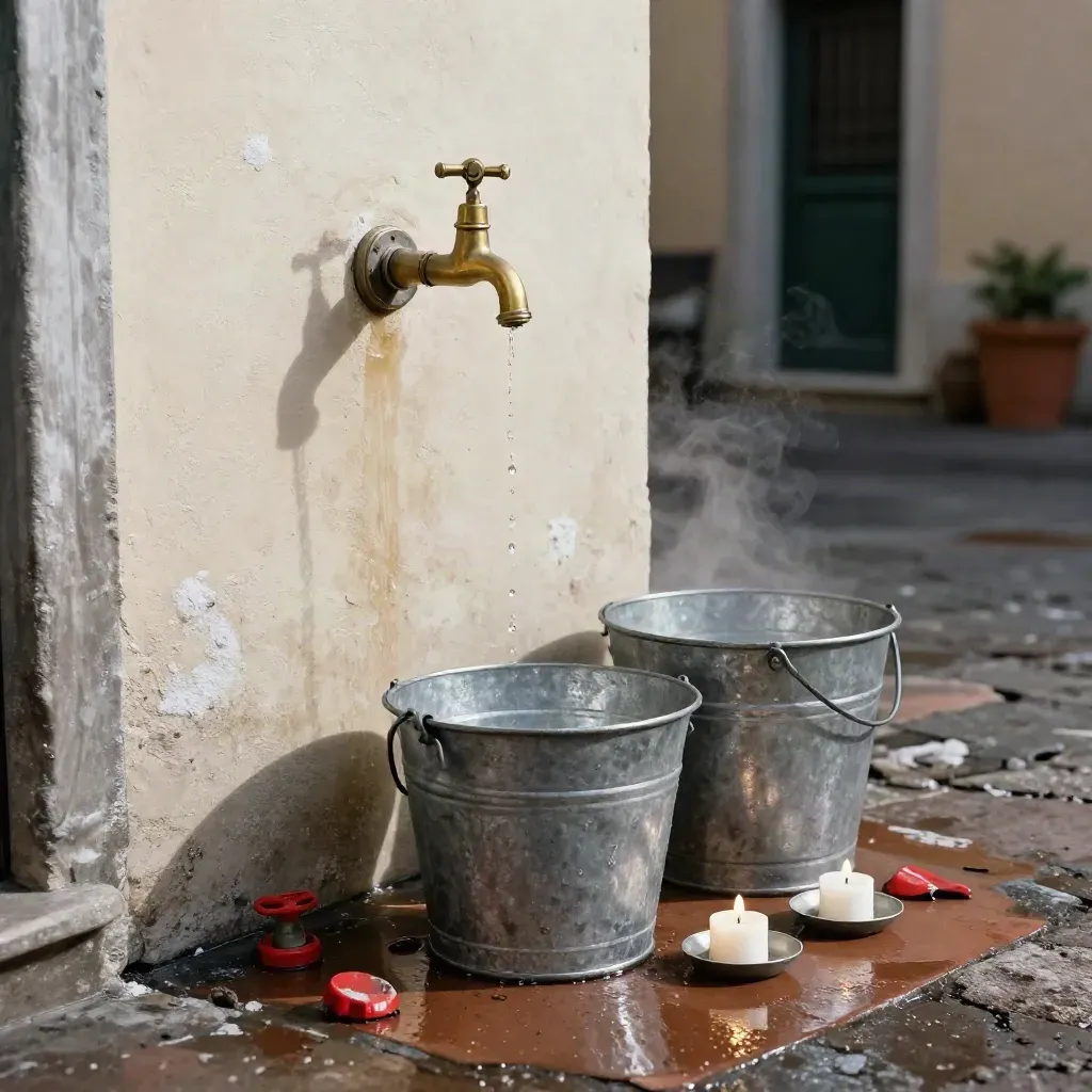 Cortile napoletano con rubinetto, secchi metallici, candele spente e muro umido all’alba