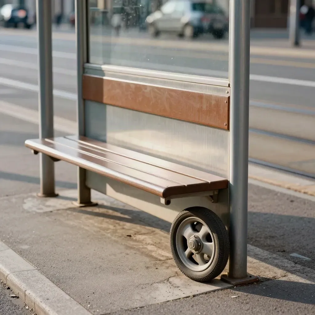 Fermata del tram a Torino con binario, panchina vuota, pannello cieco e ruota di valigia.