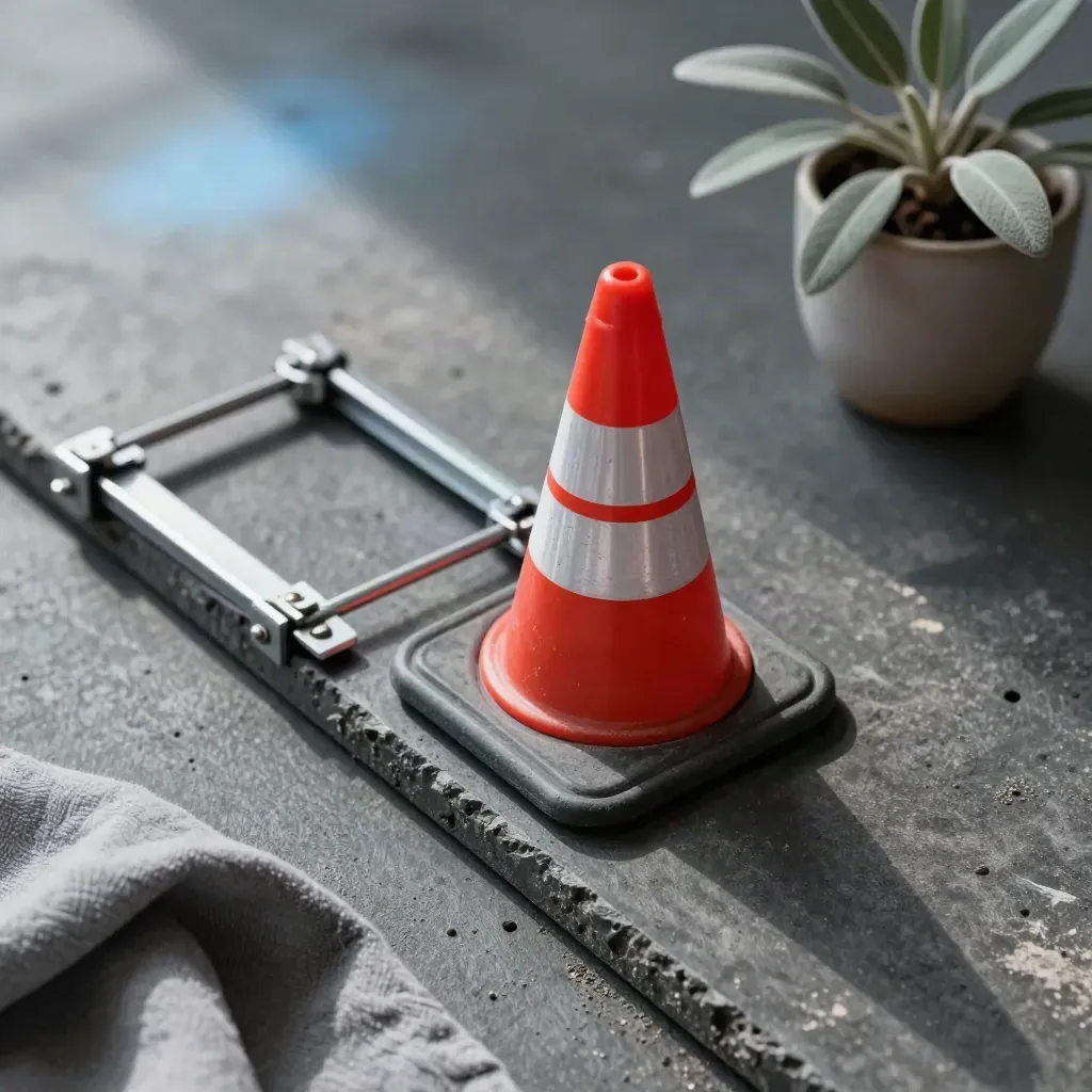 Flatlay con cono stradale mini, barriera pieghevole, panno grigio e vasetto su cemento