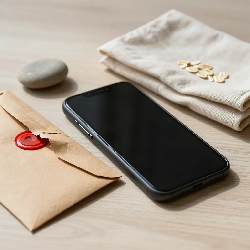Telefono nero, busta kraft tagliata, sigillo rosso strappato e ciottolo ceramico su legno chiaro.