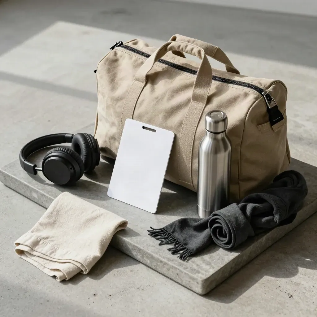 Borsa da viaggio, cuffie, borraccia e sciarpa su vassoio in pietra, luce mattutina.