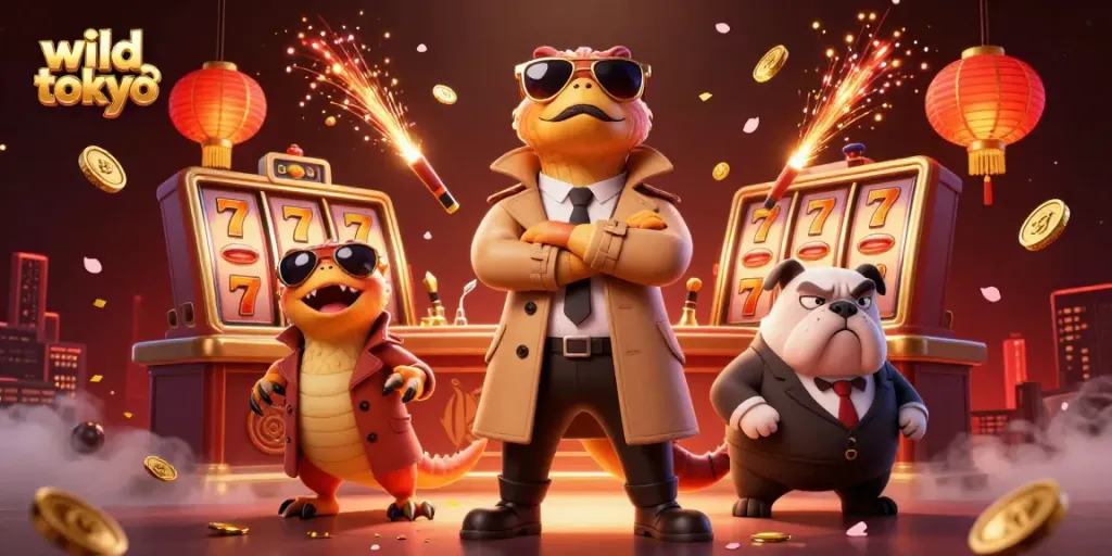Engage with wild tokyo's dynamic slot reels and raptors in a whimsical casino scene.